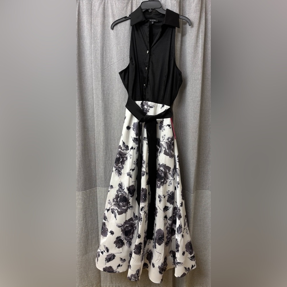 NWT  Halter Dress Black White Floral Belted Size XL{14-16}